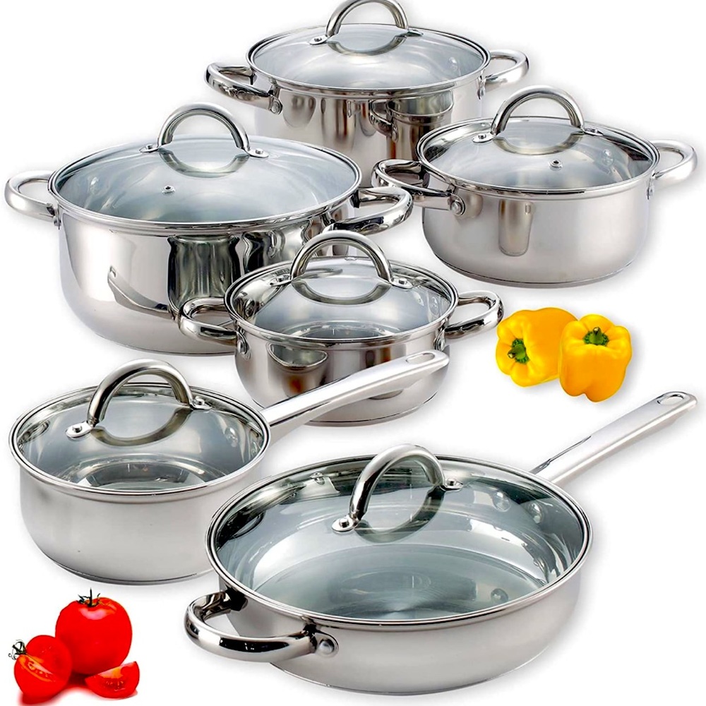 Cook N Home 12-Piece Set Stainless Steel Cookware Silver Pots Pans Lids Cooking